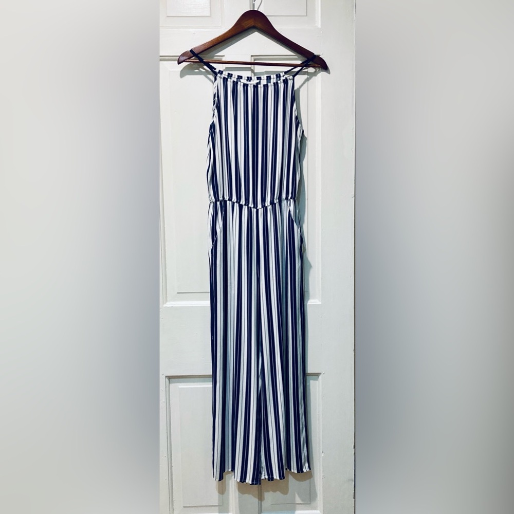 H&M Girls’ Blue and White Striped Jumpsuit with Elastic Waist